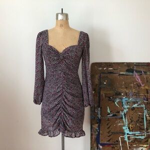 Naf floral print gathered ruffled mini dress with long sleeve and sweetheart s